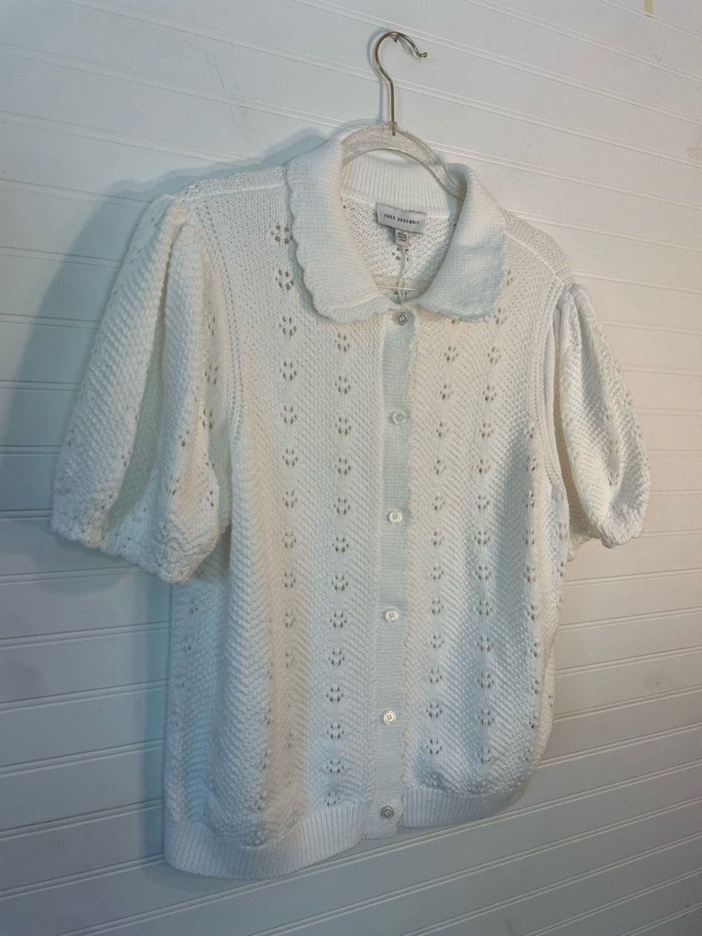 Free Assembly 100% Cotton Pointelle Peterpan Collar White Knit Cardigan NEW - Picture 6 of 7